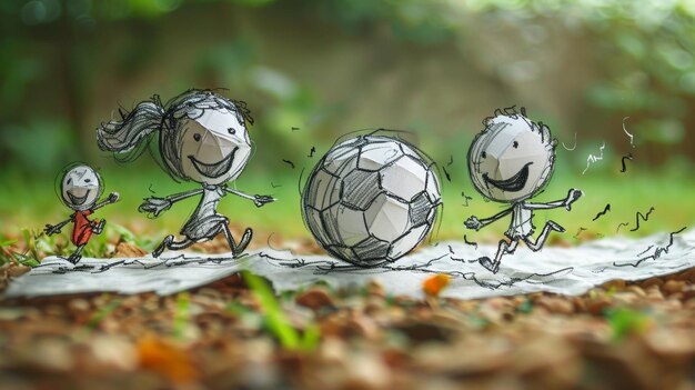 a group of cartoon characters playing with a soccer ball