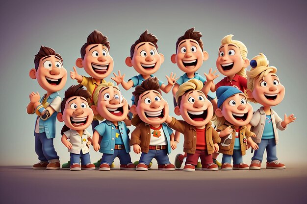 a group of cartoon characters with one wearing a shirt that saysthe word  happy