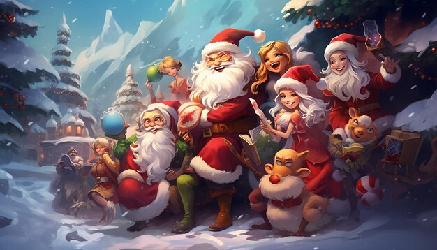 A group of cartoon characters with a santa claus