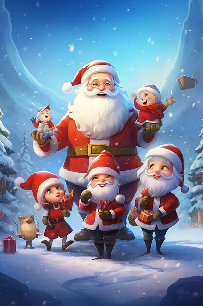 a group of cartoon characters with a santa claus