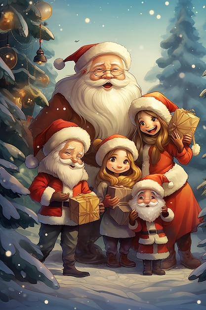 a group of cartoon characters with a santa claus