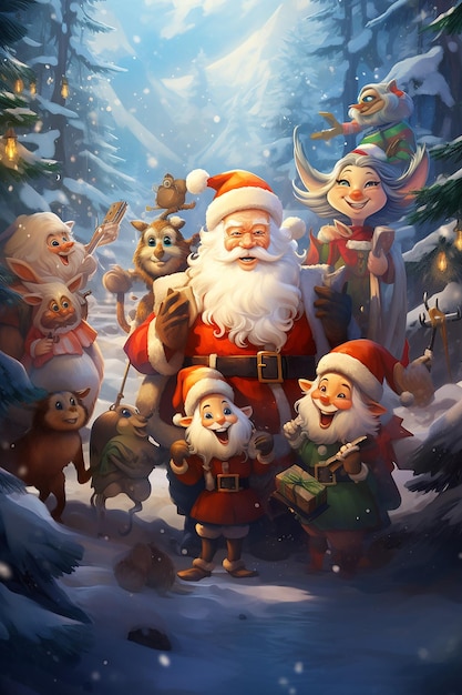 a group of cartoon characters with a santa claus