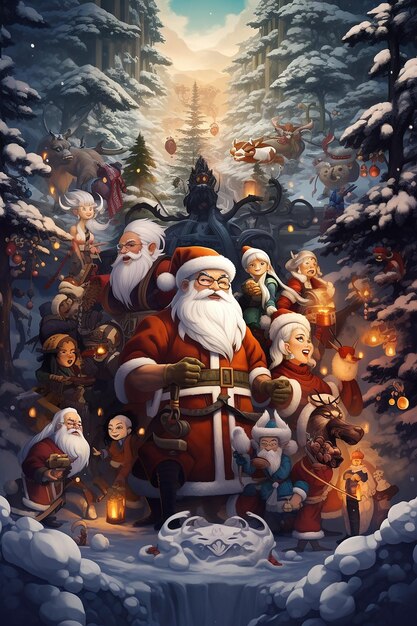 a group of cartoon characters with a santa claus