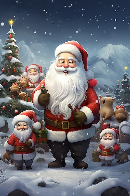 a group of cartoon characters with a santa claus