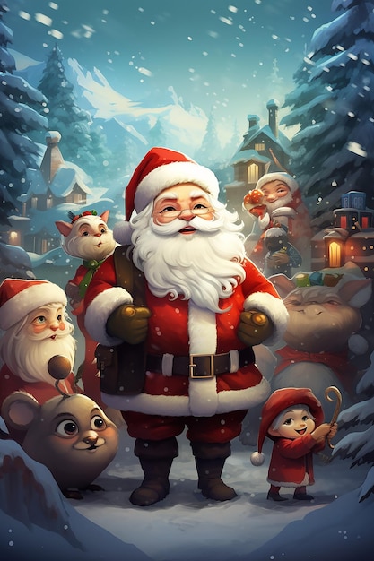 a group of cartoon characters with a santa claus