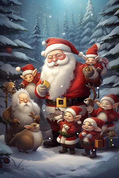 a group of cartoon characters with a santa claus