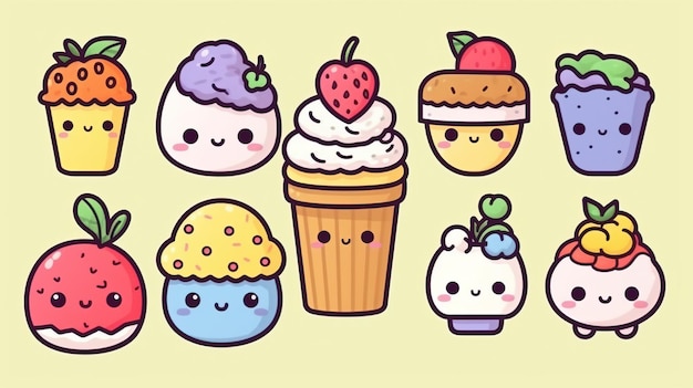 Foto un gruppo di cupcake dei cartoni animati generative ai art