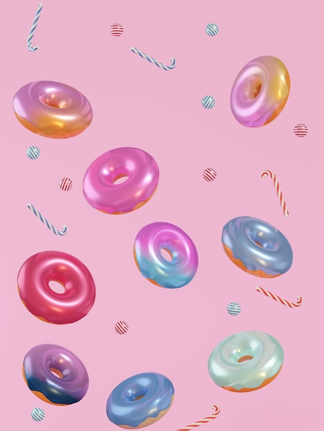 group of cartoon donuts on pink background, 3d render