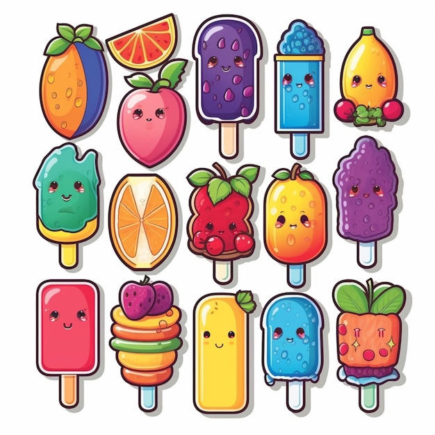 a group of cartoon fruits and ice creams with faces generative ai