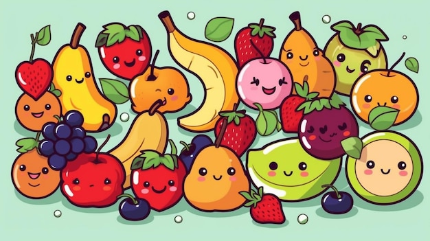 a group of cartoon fruits and vegetables with faces and eyes generative ai