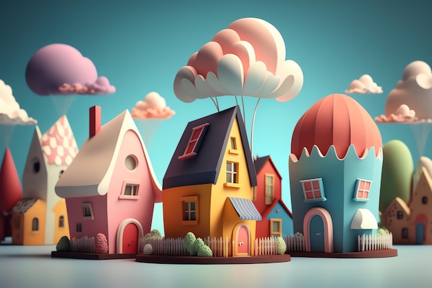 A group of cartoon houses with a sky background