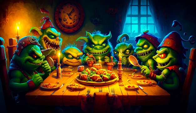 Group of cartoon monsters sitting at table with food in front of them Generative AI