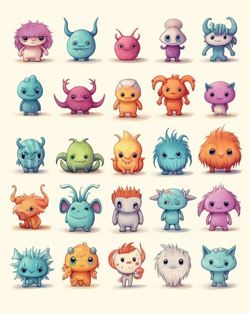 Photo a group of cartoon monsters with different colored hair generative ai