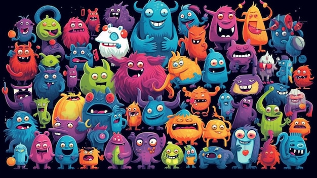 Photo a group of cartoon monsters with different colors and sizes generative ai