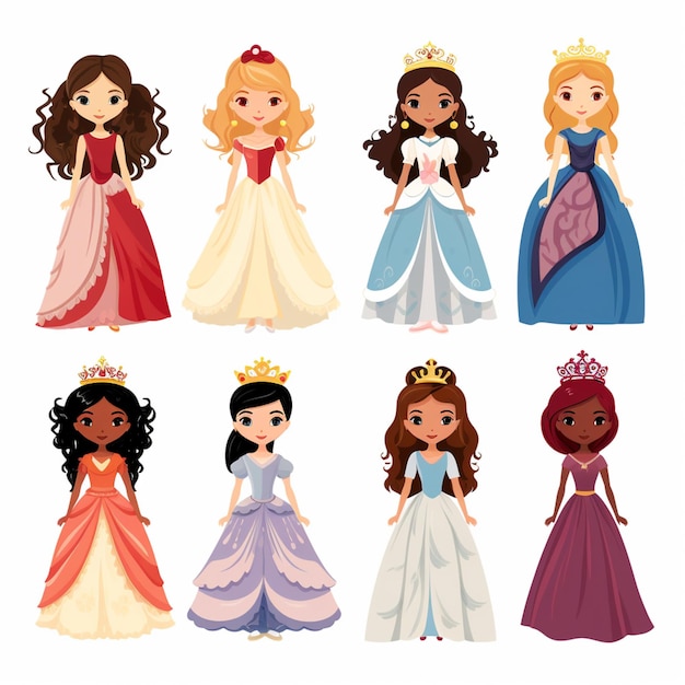 Photo a group of cartoon princesses in different dresses and tiables generative ai