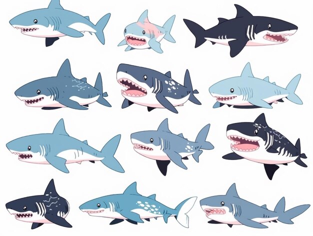 Photo a group of cartoon sharks with different teeth and teeth generative ai