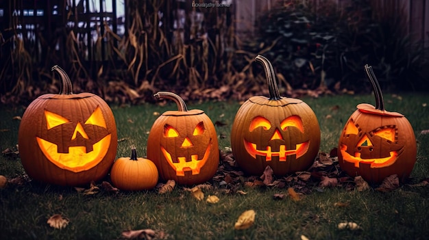 a group of carved pumpkins on grass