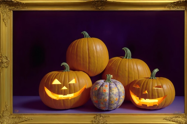 A Group Of Carved Pumpkins Sitting Next To Each Other