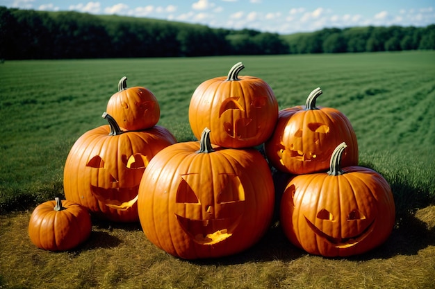 A Group Of Carved Pumpkins Sitting In A Field