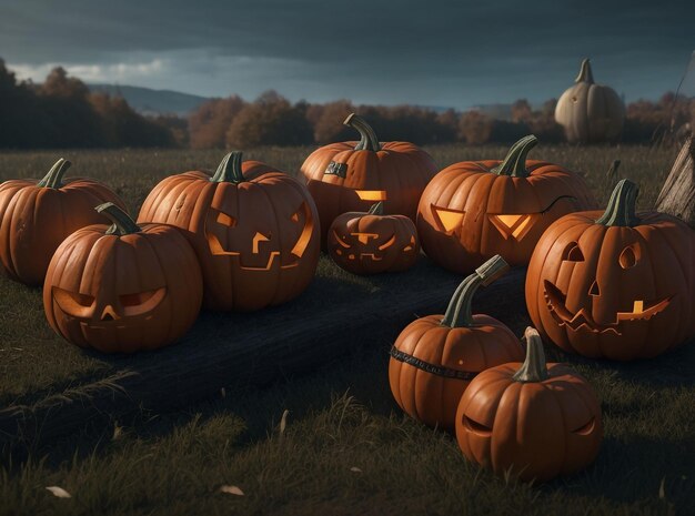 a group of carved pumpkins sitting on top of a field generative ai