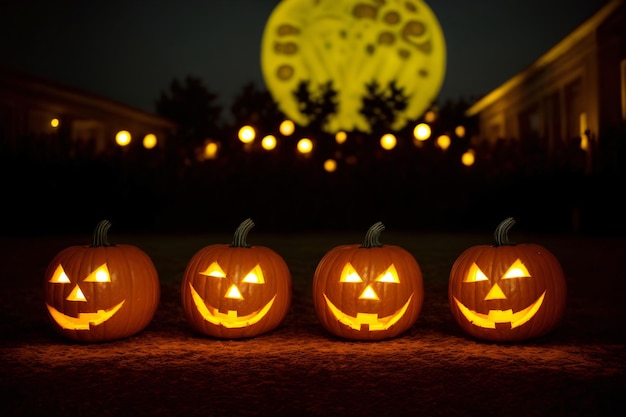 A Group Of Carved Pumpkins Sitting On Top Of A Field