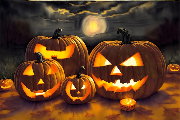 A Group Of Carved Pumpkins Sitting On Top Of A Floor