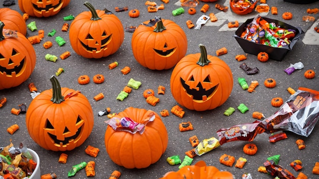 A Group Of Carved Pumpkins Sitting On Top Of A Street