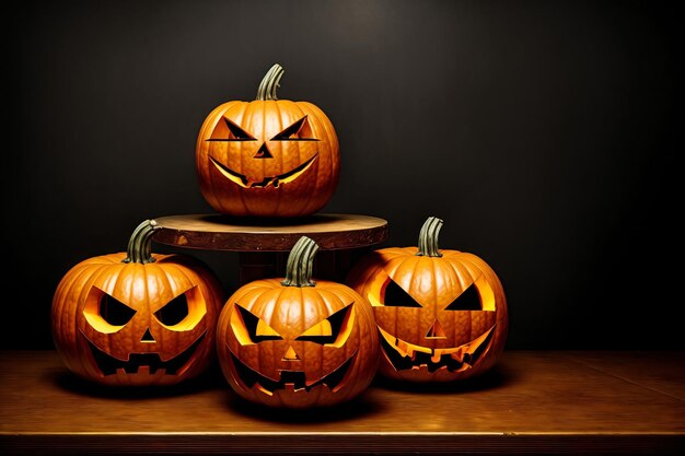 A Group Of Carved Pumpkins Sitting On Top Of A Table