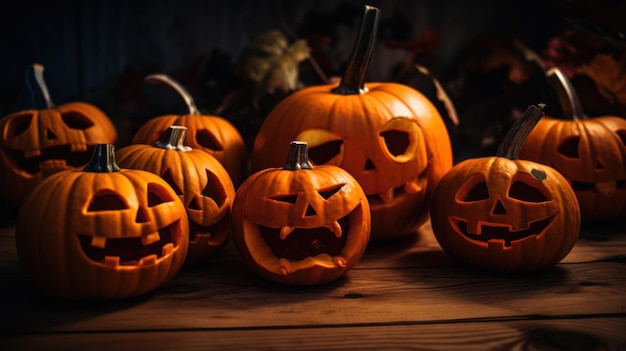 A group of carved pumpkins sitting on top of a wooden table Generative AI image