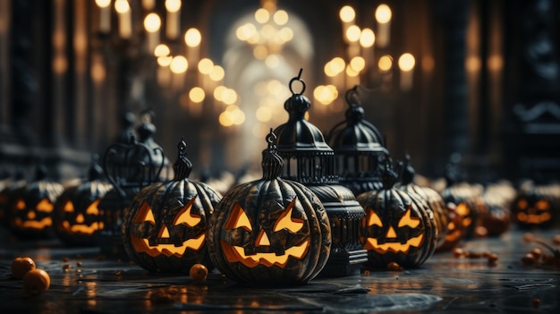 A group of carved pumpkins with lit candles in church