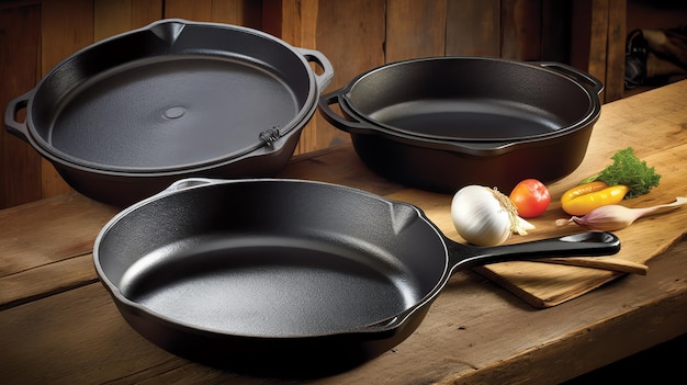 A group of cast iron pans