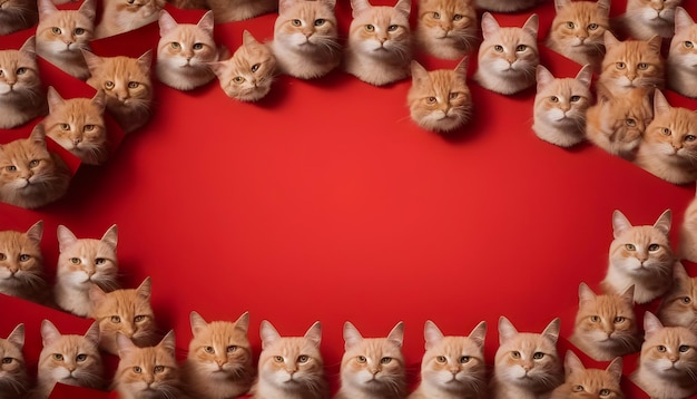 Photo a group of cats are arranged in a row on a red background cats wallpaper