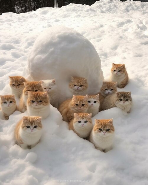 A group of cats are laying in the snow and one has the numbers 1 and 2 on it.