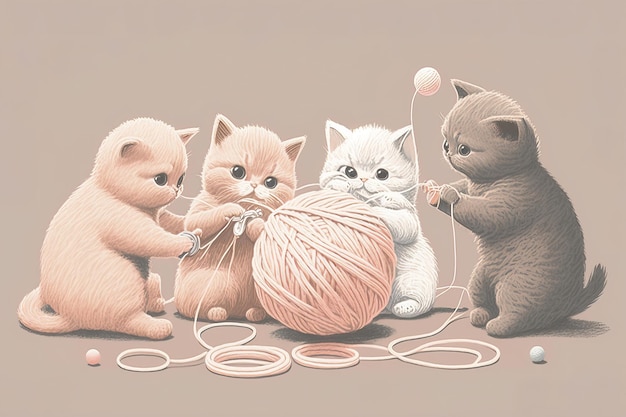 A group of cats are sewing yarn together.