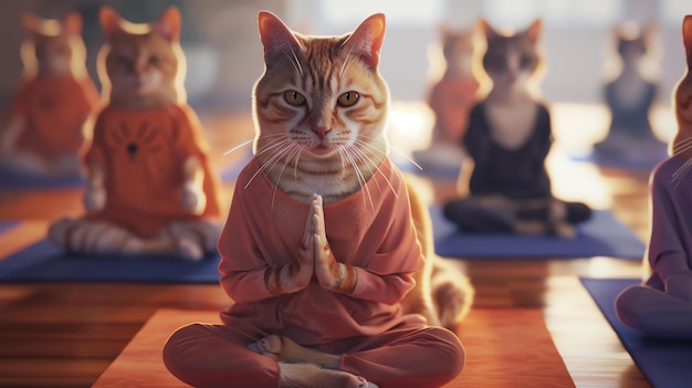 Photo a group of cats are sitting in a yoga pose they are all wearing different colored outfits the cats are all looking at the camera