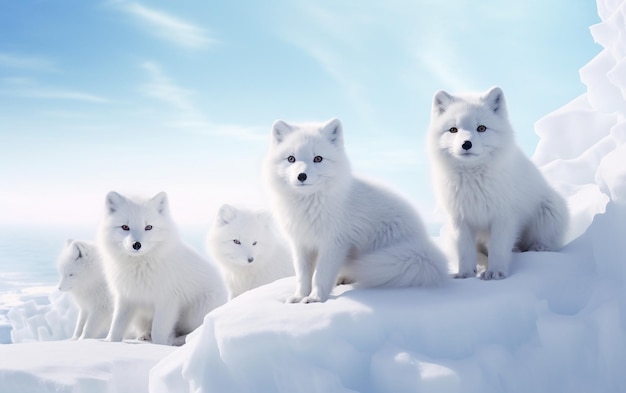 a group of cats are standing on a snowy surface