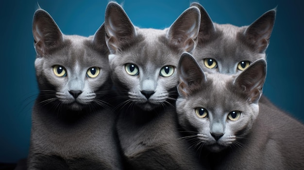 Group of cats of breed Russian Blue close up