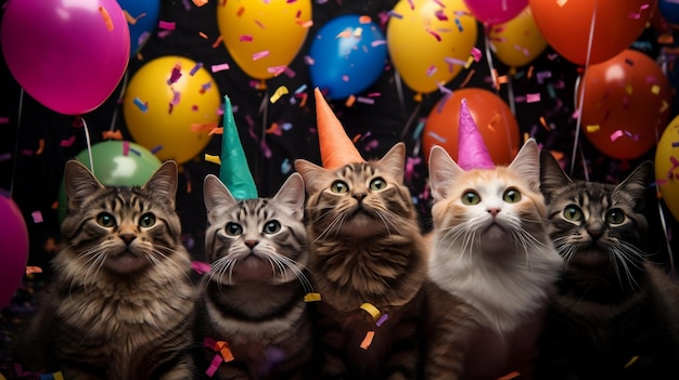 A group of cats celebrating a special day with party hats surrounded by balloons and confetti