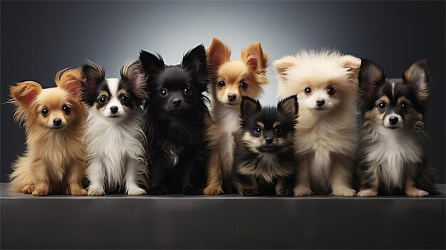 Group of cats and dogs in a row isolated on a black background