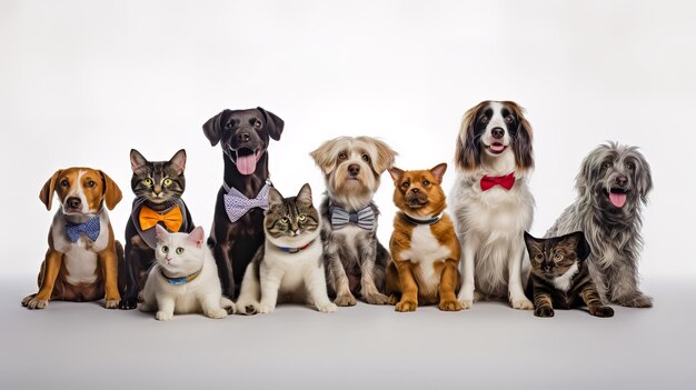 Photo group of cats and dogs in tie on white background