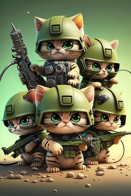 Group of cats in military uniforms with guns and helmets generative ai