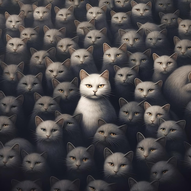 A group of cats in a row on a dark background AI Generative