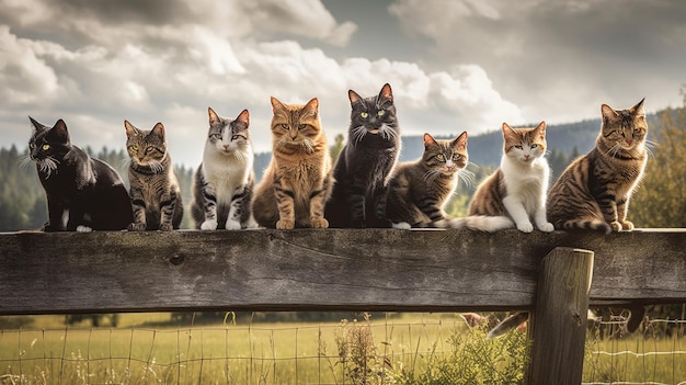 A group of cats sit on a fence