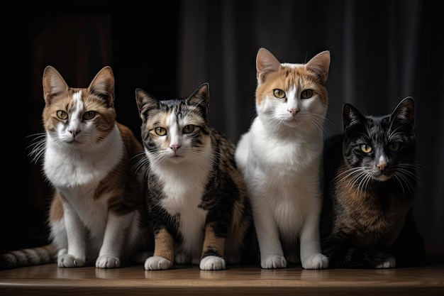 Group of cats sitting together looking into the camera with curious and playful expressions created