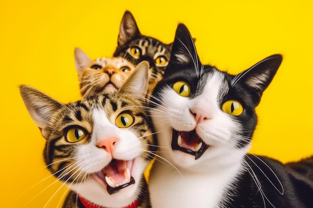 Group of cats standing next to each other in front of yellow background generative ai