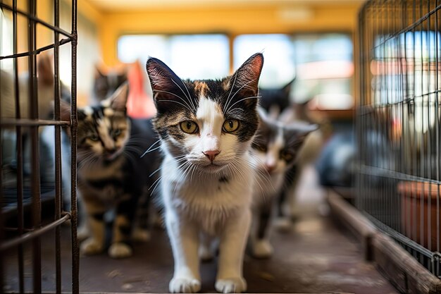 A group of cats standing inside of a cage