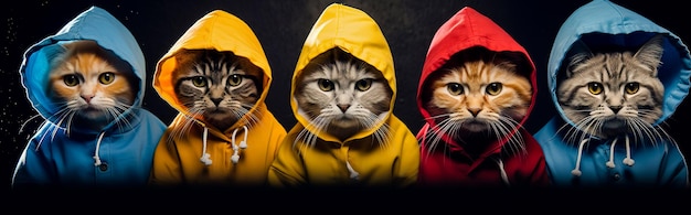 Photo group of cats wearing of colored coats and hoods