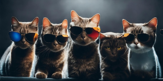 A group of cats with sunglasses on dark background Generate Ai