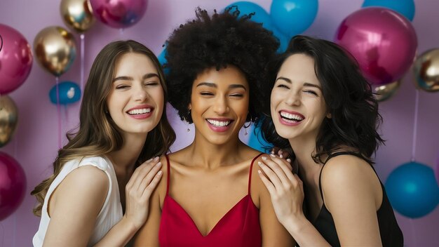 Group of celebrating friends posing in studio