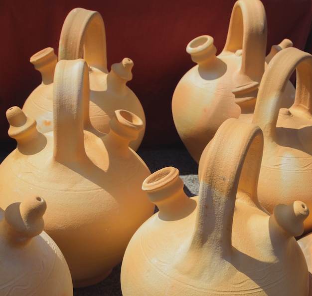 Photo group of ceramic botijo, a typical jar with a handle to carry and drink  fresh water.